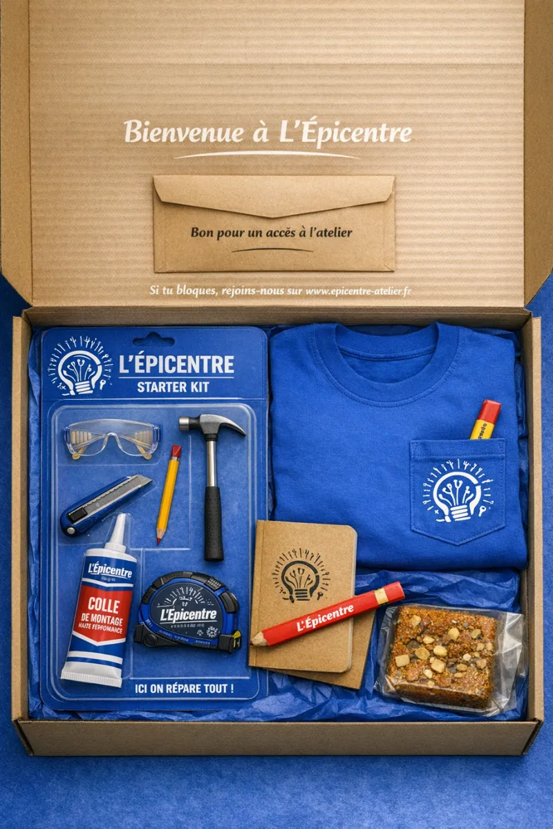 La box cadeau L'Épicentre ouverte : bon d'accès à l'atelier, starter kit outils, t-shirt et carnet